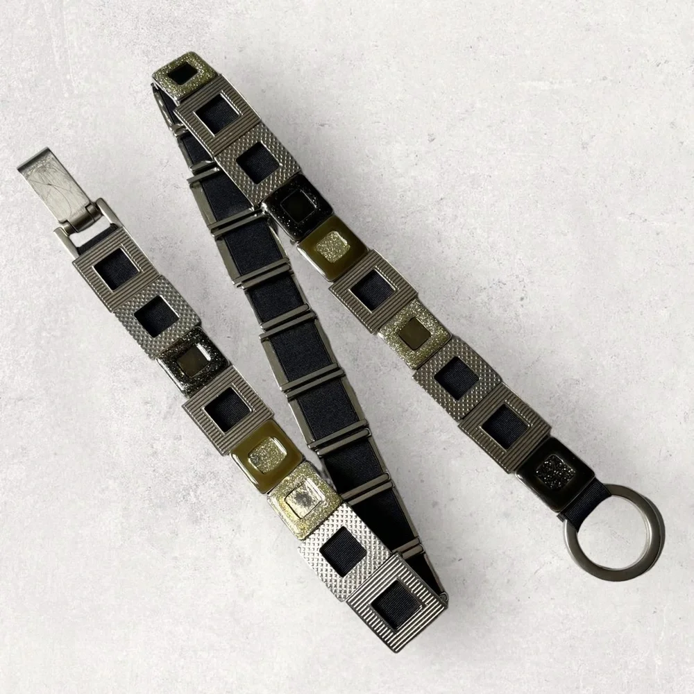 Y2K Metal Geometric Links Belt Carabiner O ring Buckle Stretchy Glitter Silver M